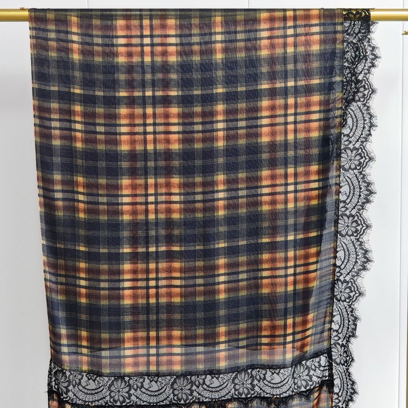 Hijab Premium en Modal Imprimé à Carreaux, Bord Large, Double Aiguille, Longue Écharpe Douce, Respirante et Fine pour Femme, Foulard de Tête en Dentelle