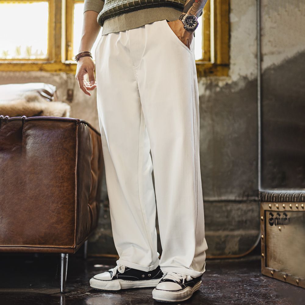 Maden Pantalon décontracté blanc pour homme, pantalon à chevrons, jambe droite, double poches arrière, coupe ample, pour le printemps et l'automne