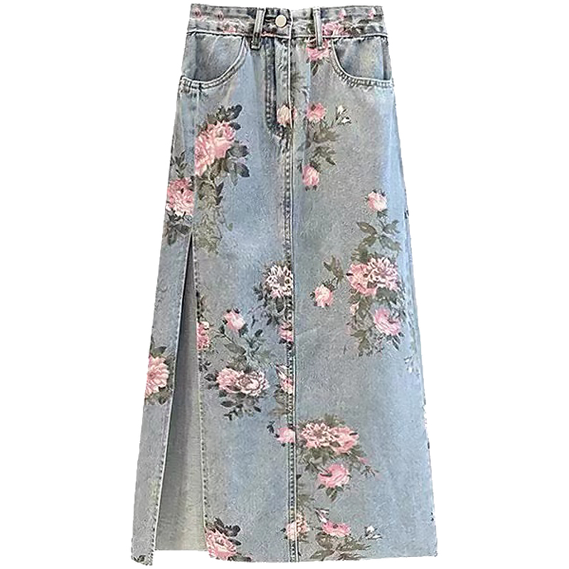 Imprimé fleuri Denim jupes longues femmes été Vintage Maxi jean jupe taille S - 5XL côté fendu taille haute femmes jupe longue coréenne
