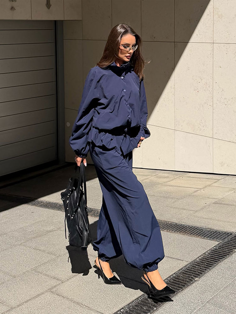 Ensemble pantalon et veste coupe-vent pour femme, survêtement deux pièces, haut court à col montant, pantalon large, style streetwear, collection printemps