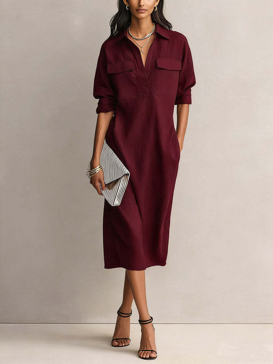 Robe chemise minimaliste unie pour femme, élégante, à demi-manches, col rabattu boutonné, avec poches, robe décontractée quotidienne, robes midi