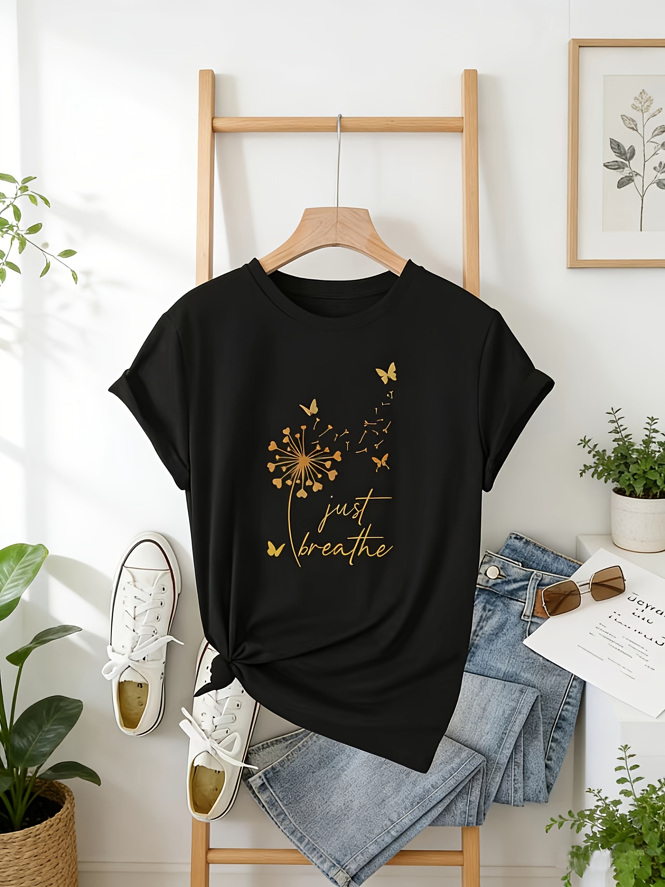 Chemisier élégant pour femme, t-shirt à imprimé artistique pissenlit et papillon, col rond, manches courtes, décontracté, style années 90, vêtements femme