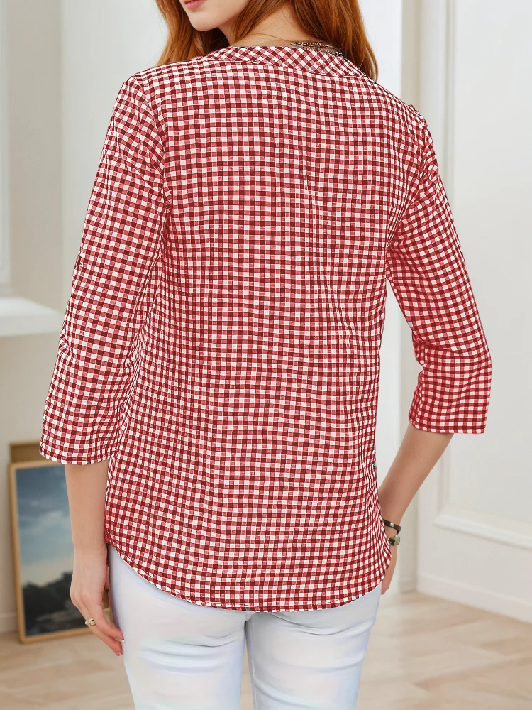 Grande taille printemps automne femmes Fine Plaid mode à manches longues col en v Blouse coupe ajustée tempérament haut ventre couvrant petites chemises