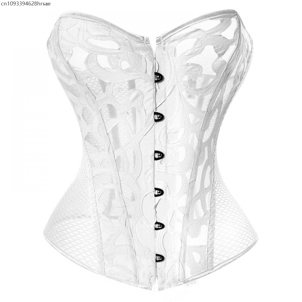 Haut Corset grande taille pour femmes, maille creuse, Burlesque, à lacets, Bustier gothique, surbuste, Costumes, Lingerie Sexy noire et blanche