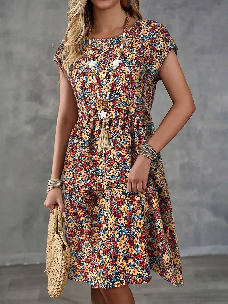 Robe d'été à manches courtes et col rond pour femmes, imprimé floral, style décontracté et ample pour les vacances