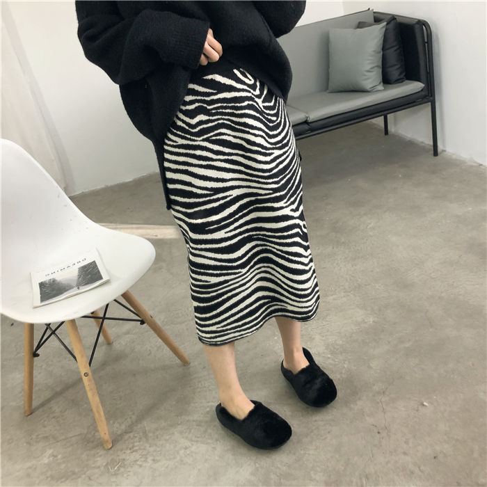 Jupe droite taille haute à motif zèbre pour femme, style coréen, double couche, fente sur les hanches, automne et hiver