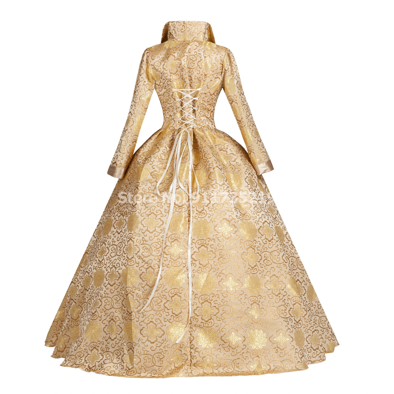 Robe de princesse médiévale imprimée florale dorée, brocart de la reine Elizabeth Tudor, robe de bal gothique victorienne, costume de théâtre