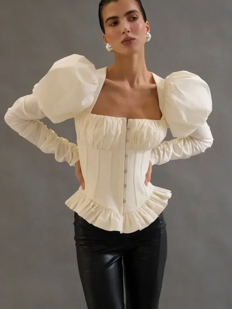 Chemisier chic plissé à motif arête de poisson pour femme, décontracté, col carré, manches bouffantes longues, dos nu, coupe ajustée, 2026, hauts de soirée pour club
