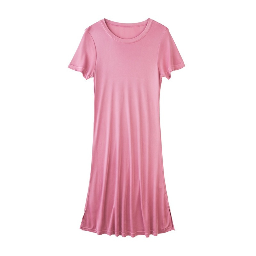 Robe en soie tricotée couleur unie, grande, moyenne, longue, soie mûre, manches courtes, col rond, jupe portée à même la peau
