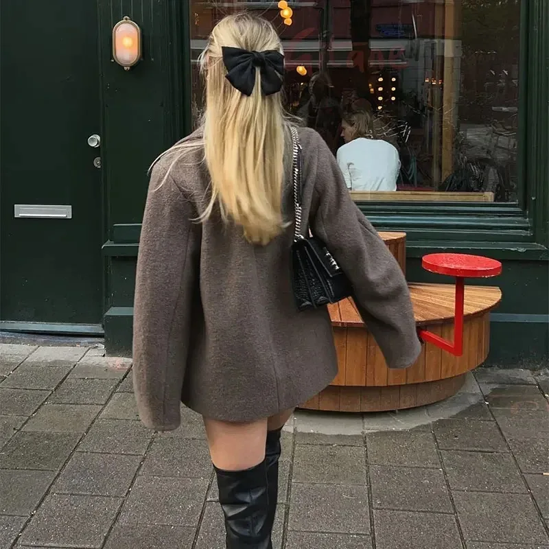 Manteau en laine à Double boutonnage pour femme, veste Blazer courte à revers, manches longues, élégante, couleur unie, chaude, ample, vêtements d'extérieur, mode automne hiver