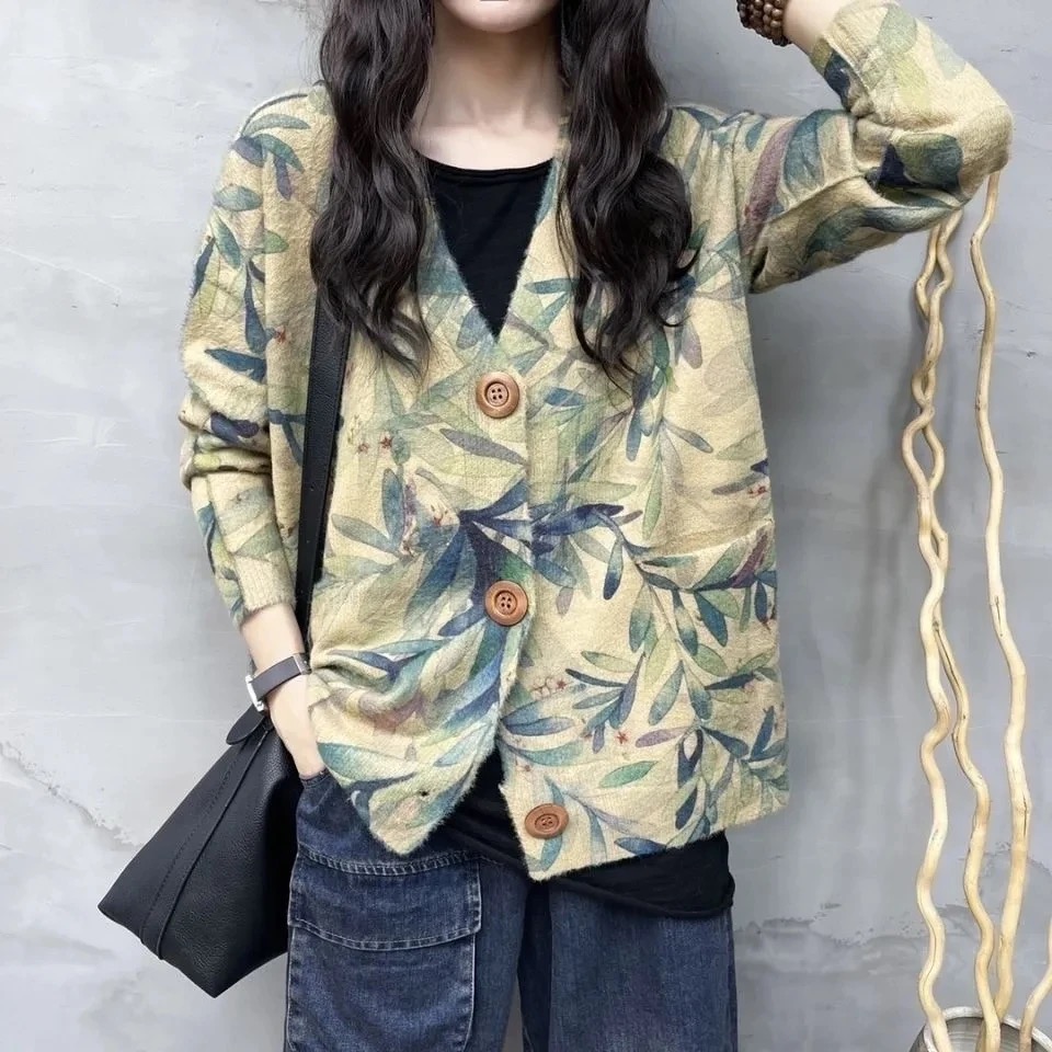 Cardigan imprimé pour femme, pull tricoté, mode coréenne, hauts à manches longues, col en V, ample, automne printemps
