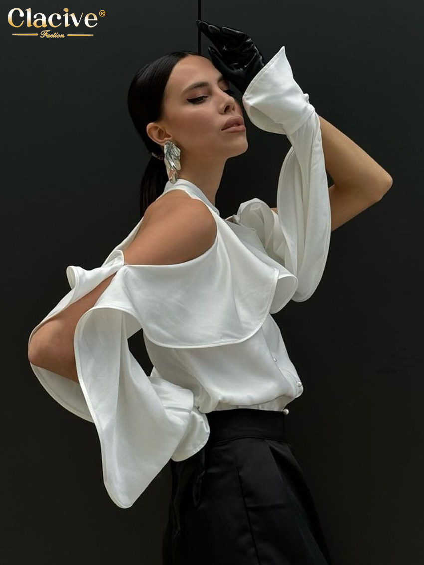ClacMarkets-Chemise à manches longues à col rond pour femmes, haut à volants classique, vêtements féminins élégants, sexy, mode blanche