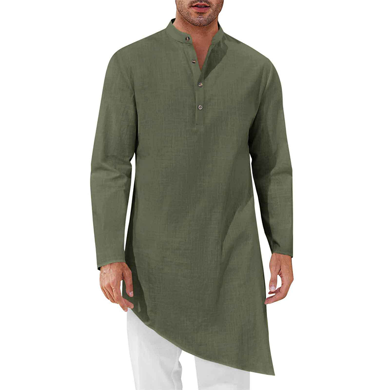 Chemises à manches longues pour hommes musulmans, col mandarin, ourlet irrégulier, couleur unie, vêtements décontractés de style Dubaï, abaya islamique, vêtements ethniques, tailles S-3XL