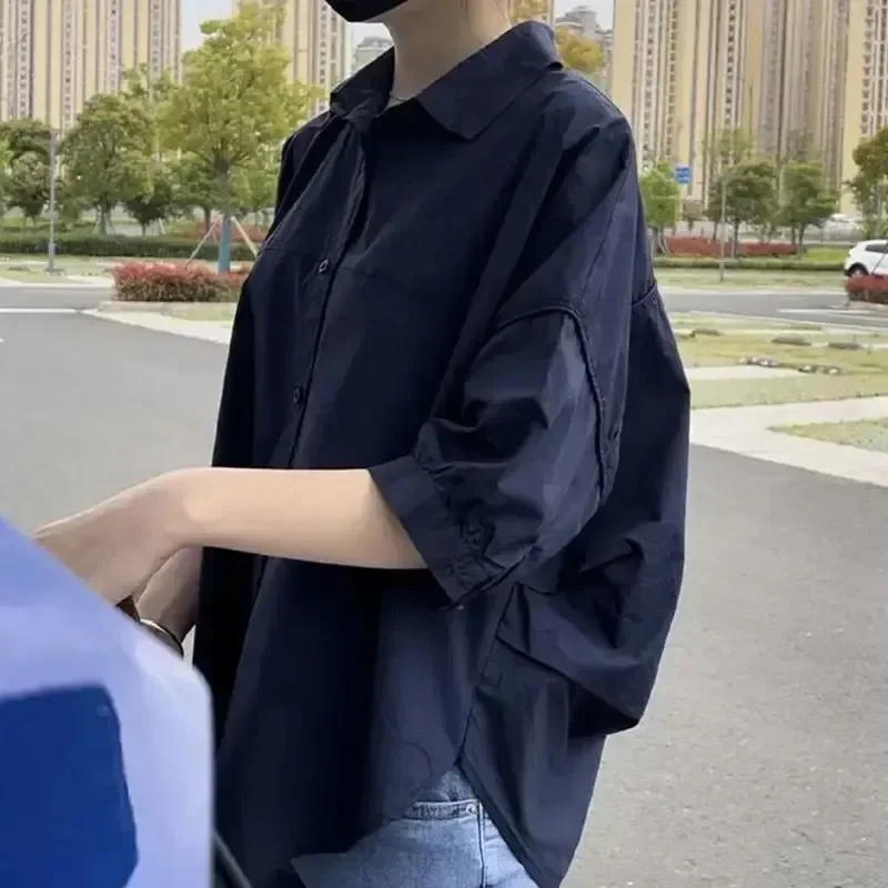 Femmes Blouses élégant Streetwear bureau décontracté ample boutonné blanc bleu à manches longues Vintage surdimensionné chemise hauts