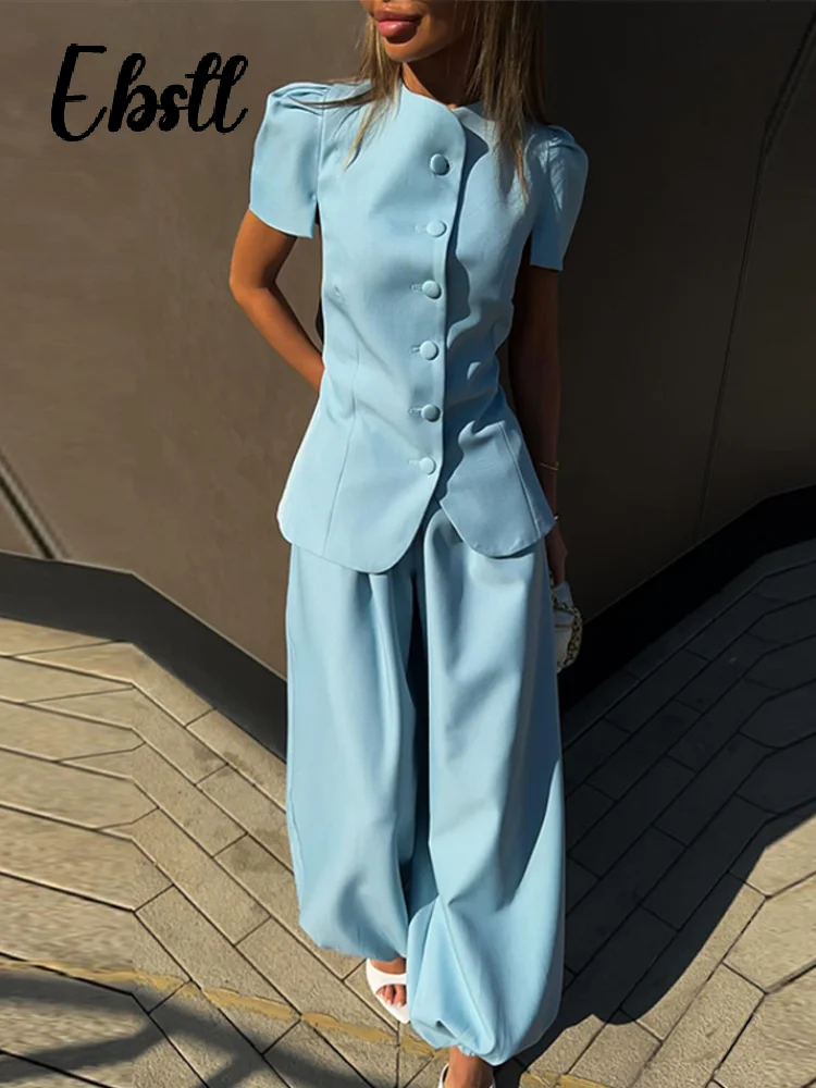 Ensemble élégant haut à manches courtes et pantalon pour femme, couleur unie, col rond, hauts cintrés à boutonnage simple, pantalon ample coupe lanterne, tenues 2026