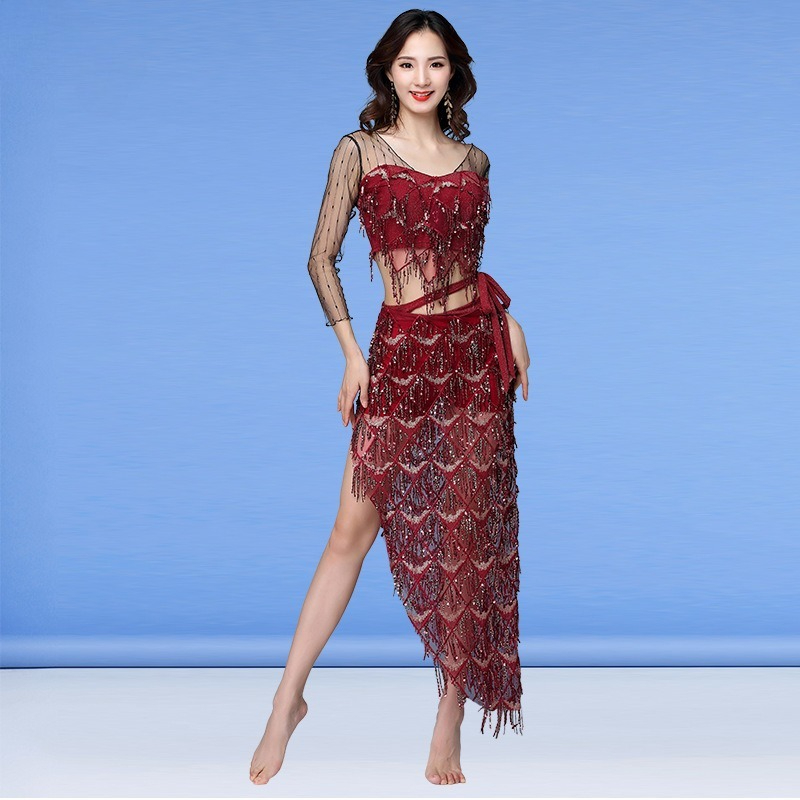 Vêtements de danse du ventre personnalisés, vêtements d'entraînement, ensemble de serviettes de hanche en maille, Costume Sexy pour femmes débutantes, Costume de danseuse du ventre