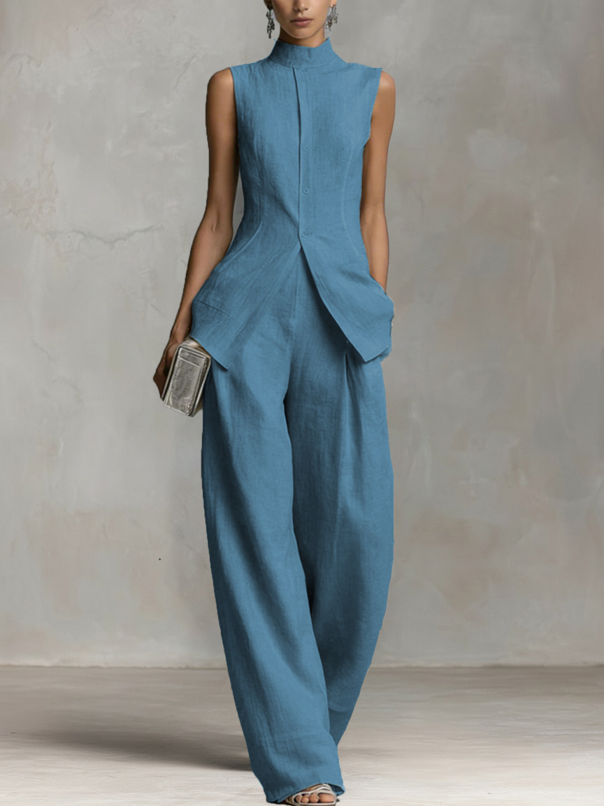 Ensemble élégant formel pour femme, noir, 2 pièces, sans manches, col haut, fermeture boutonnée sur le devant, veste, pantalon large à taille haute
