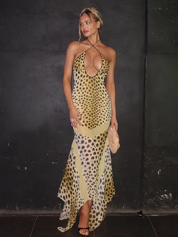 Robe longue asymétrique sans manches à imprimé léopard pour femme, col halter, dos nu, idéale pour les vacances à la plage, tendance et nouvelle arrivée