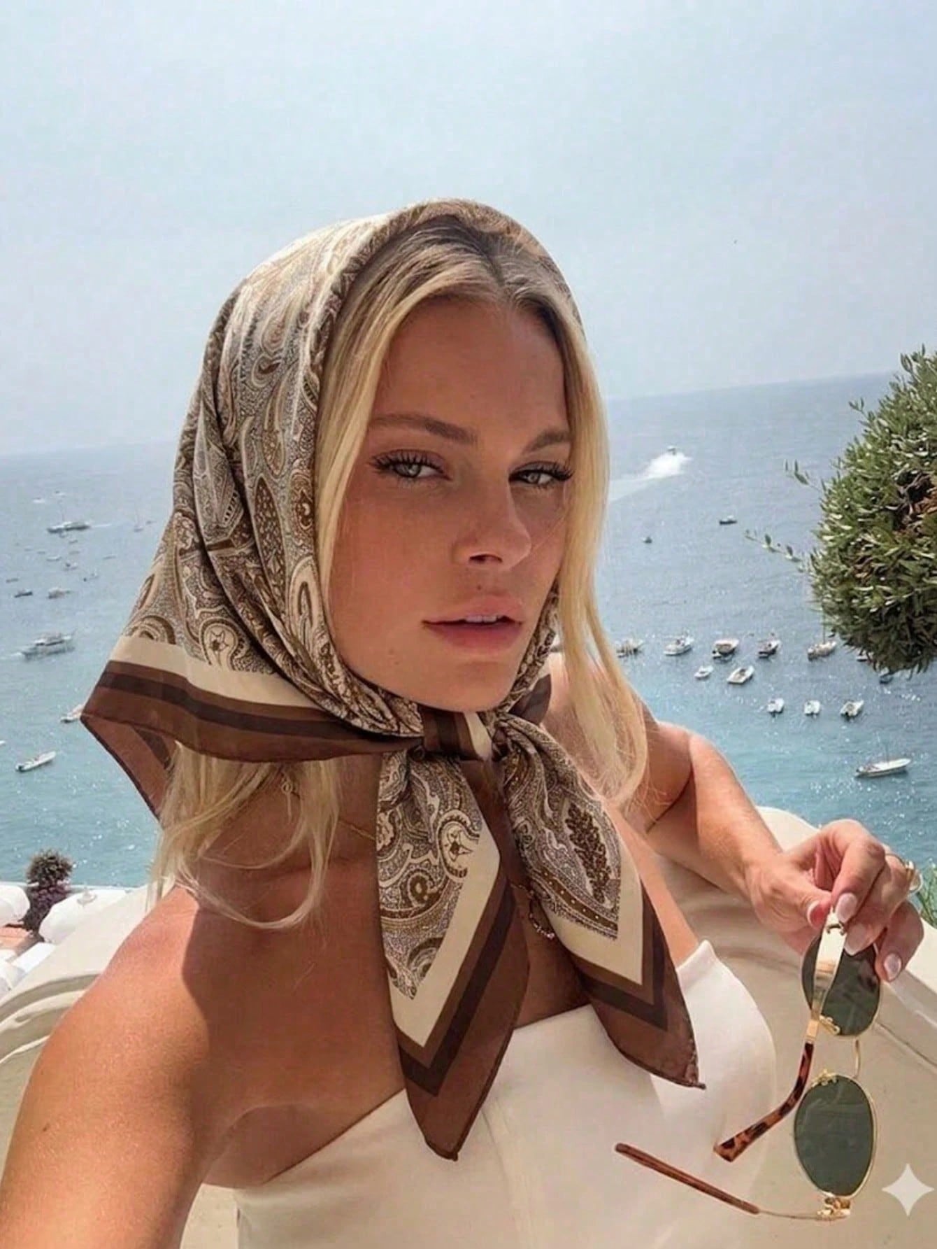Écharpe en Faux Soie à Motif Paisley Marron pour Femmes, Style Français Élégant, Accessoire Décoratif pour le Cou, les Cheveux et les Sacs, Adapté à Toutes les Saisons