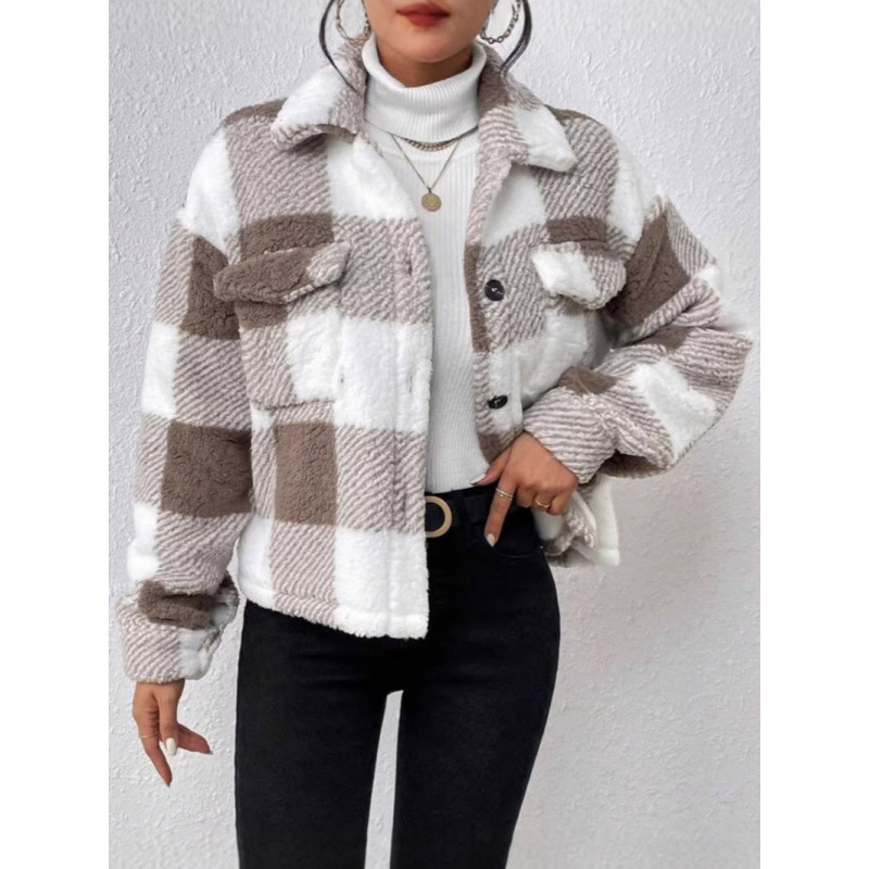Veste femmes Plaid imprimé manteau en peluche automne hiver Vintage pardessus poches simple boutonnage col rabattu vêtements de dessus pour femmes