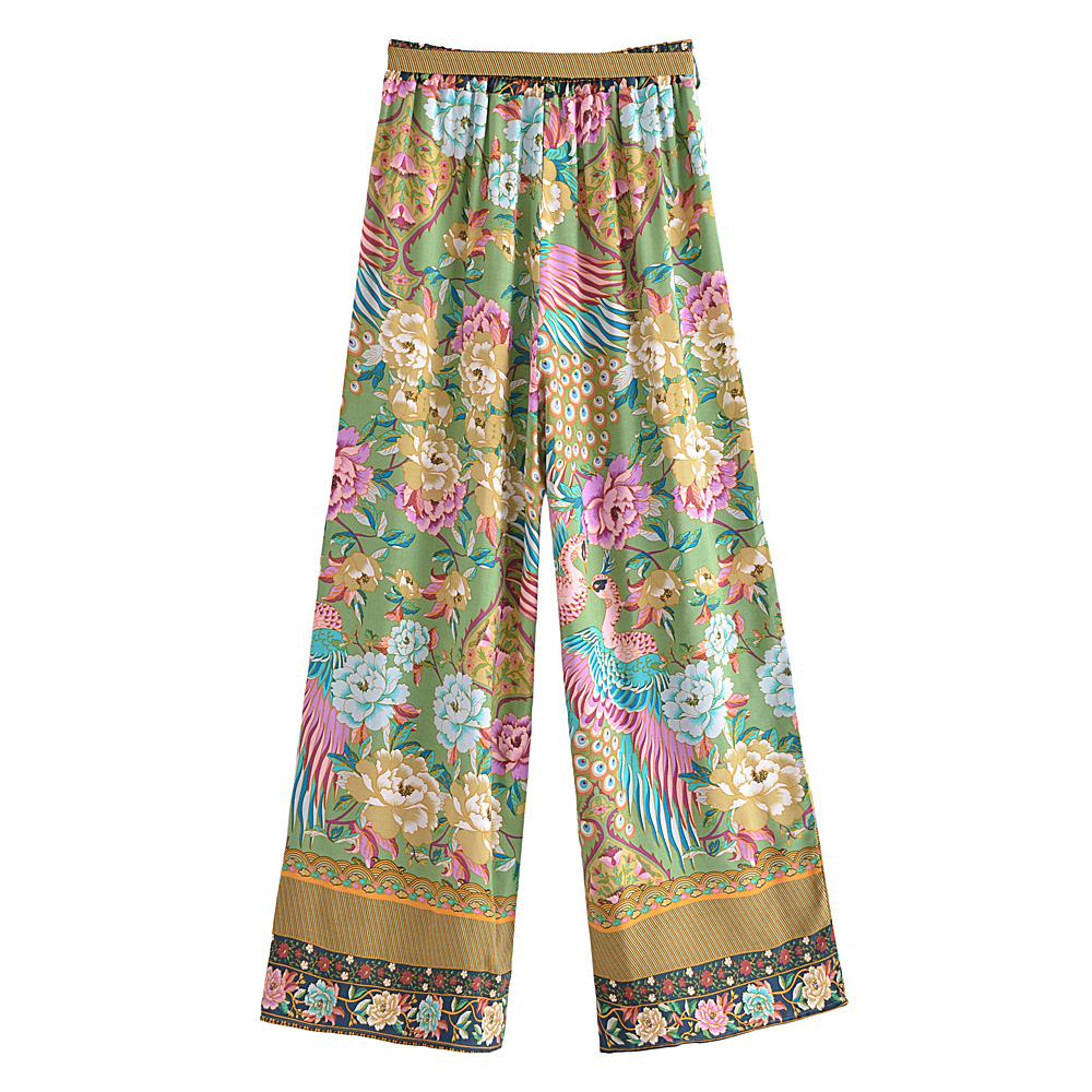 Boho Queens femmes paon imprimé fleuri tenues courte Kimono Robe bohème costumes pantalons à jambes larges 2 pièces rayonne Boho ensembles maillot de bain