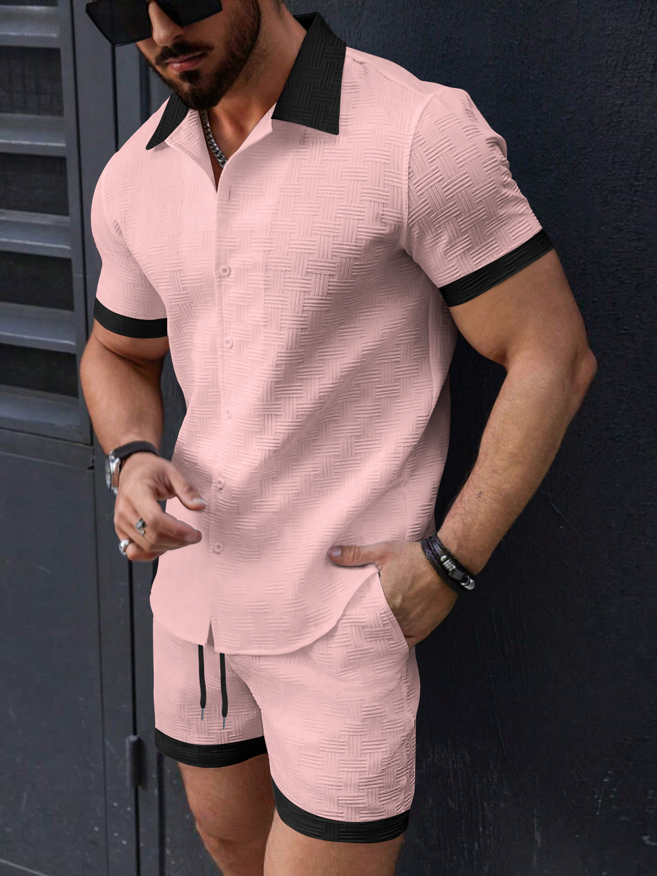 Ensemble assorti tendance pour homme : chemise jacquard à manches courtes en lin et short, ensemble 2 pièces, style plage hawaïenne, ensemble décontracté pour homme, ensemble 2 pièces