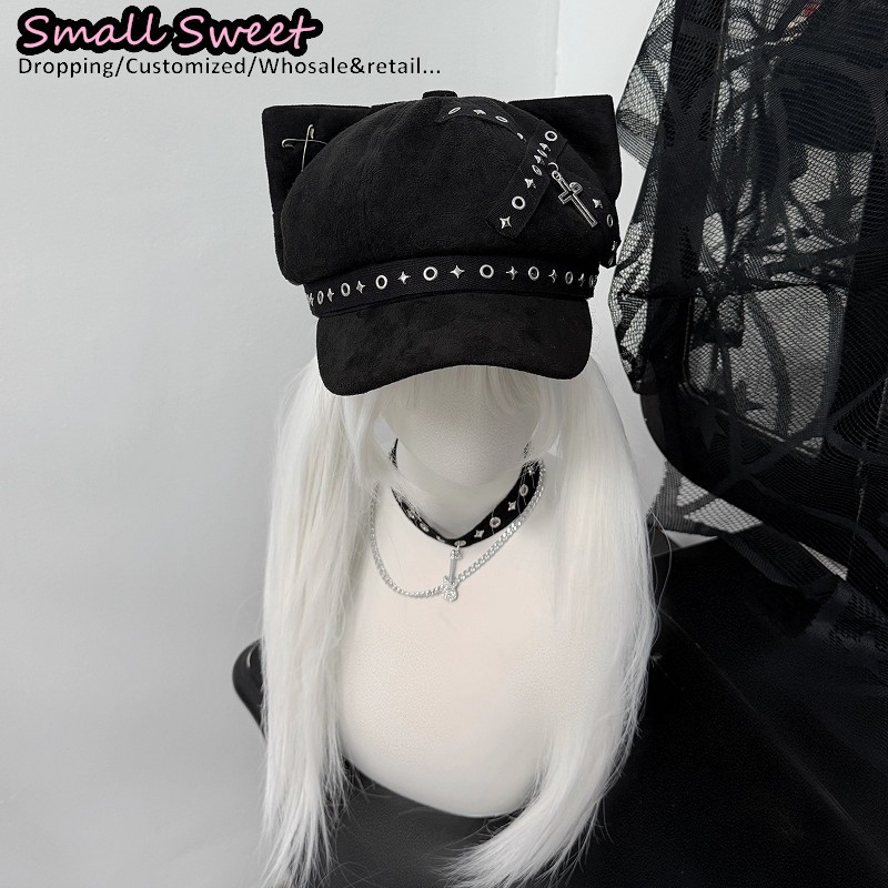 Béret gothique Lolita Steampunk oreilles de chat Y2k pour fille, casquette de Baseball à rivets, Punk sous-culturel foncé, croix, Streetwear, casquette octogonale