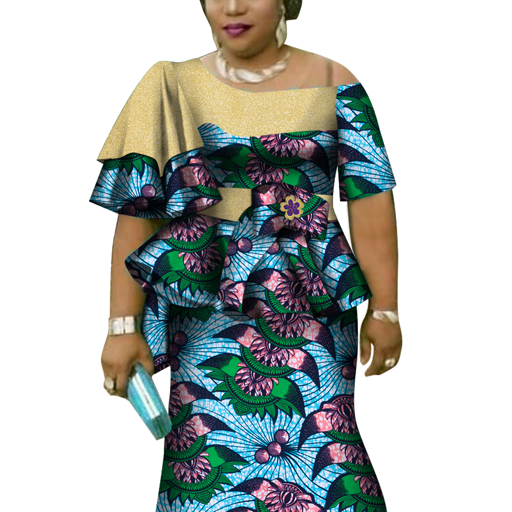 Ensembles hauts et jupe imprimés à manches à volants africains pour femmes Bazin Riche vêtements africains 2 pièces ensembles de jupes personnalisés WY4392