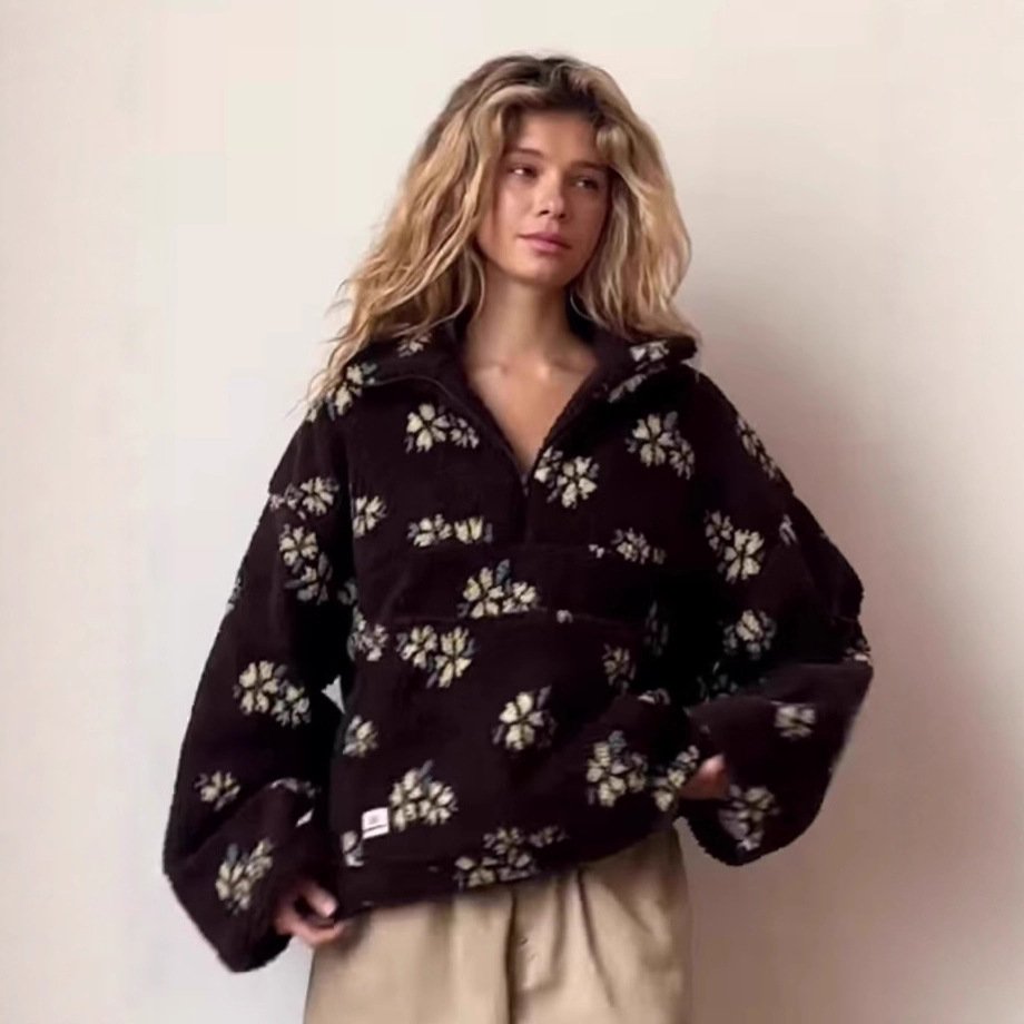 Vêtements d'extérieur pour femmes, nouvelle collection automne/hiver 2025: sweat à capuche en faux peau de mouton à fermeture éclair surdimensionné à fleurs doublées de polaire