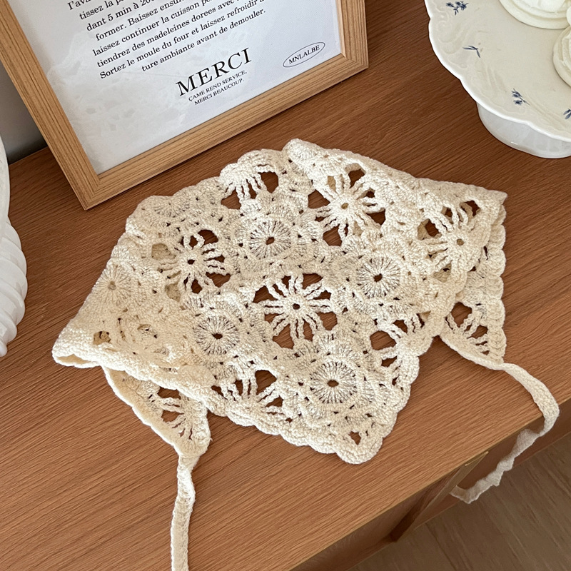 Foulard tricoté tendance pour femme, style pastoral français, bandeau triangulaire, bandeau au crochet fait main, foulard rétro à fleurs