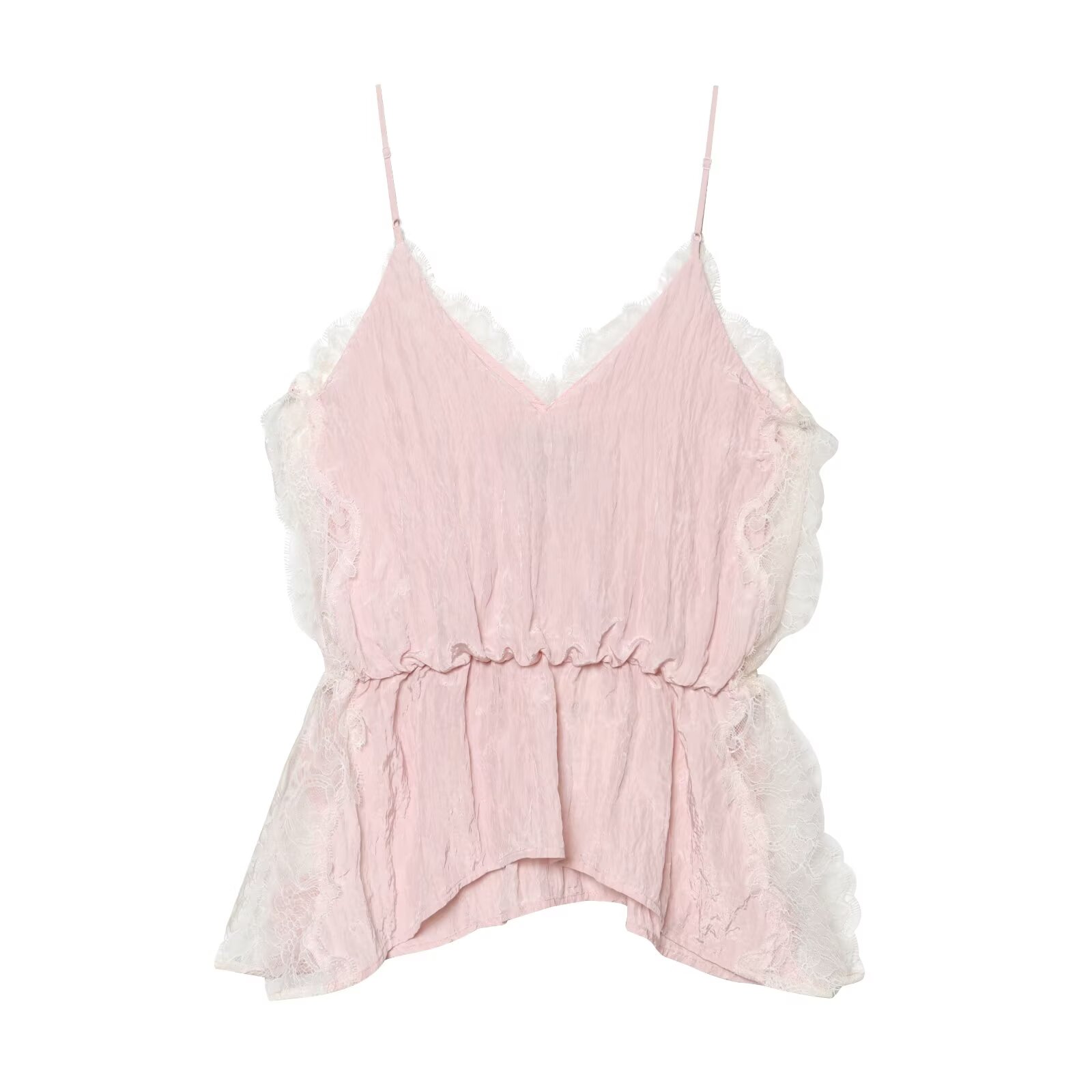 Haut court élégant rose en dentelle patchwork pour femme, style européen, col en V, dos nu, sans manches, collection été 2026