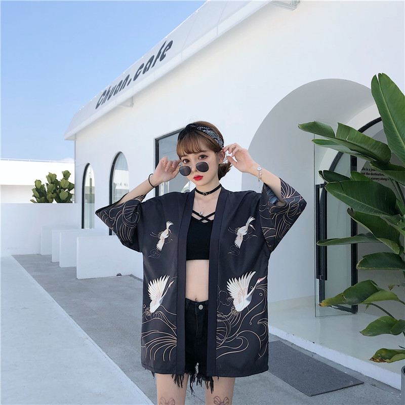 Cardigan Kimono Haori imprimé grue amélioré artistique rétro japonais, décontracté, ample, polyvalent, Protection solaire, veste fine, printemps et été