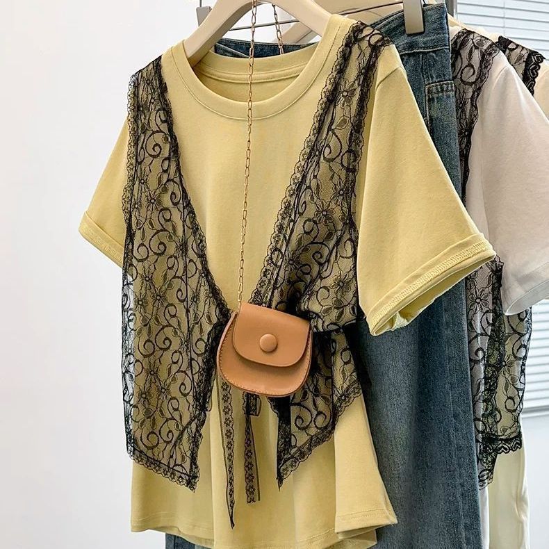 Vêtements pour femmes grande taille, nouvelle collection été, coupe ample et légère, design cache-tout, t-shirt à manches courtes avec empiècements en dentelle, effet deux pièces