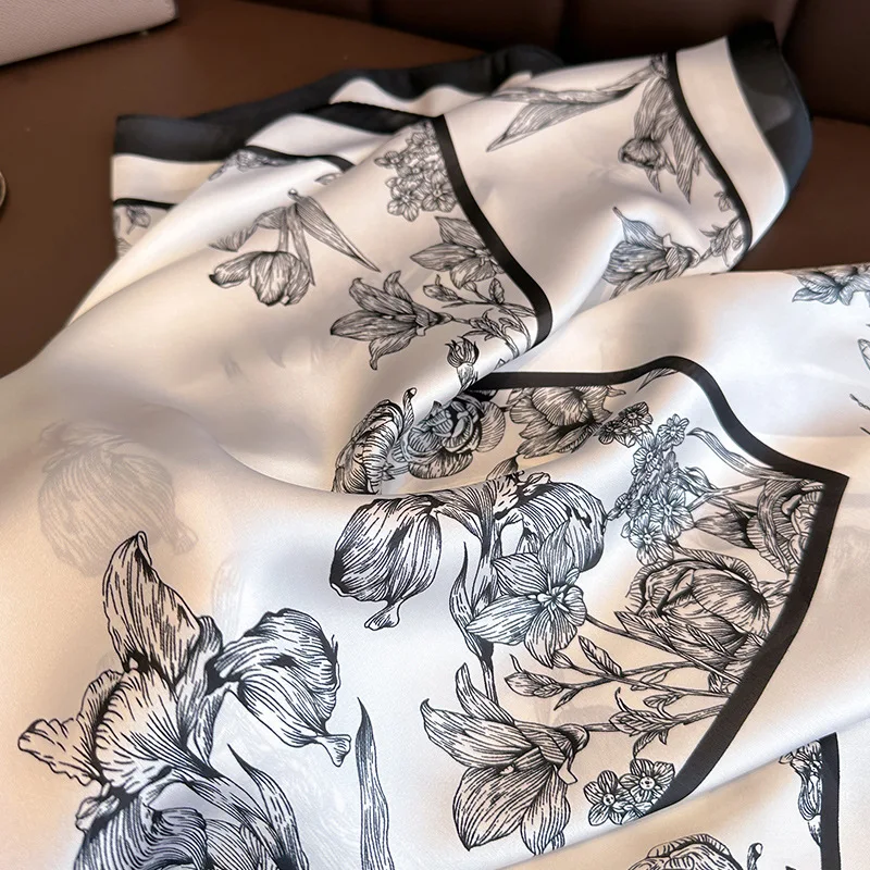 Foulard Carré à Imprimé Floral de Luxe pour Femme, 70x70cm, Bandeau de Cheveux, Ruban de Tête, Hijab, Bandeau de Sauna, Satin Doux