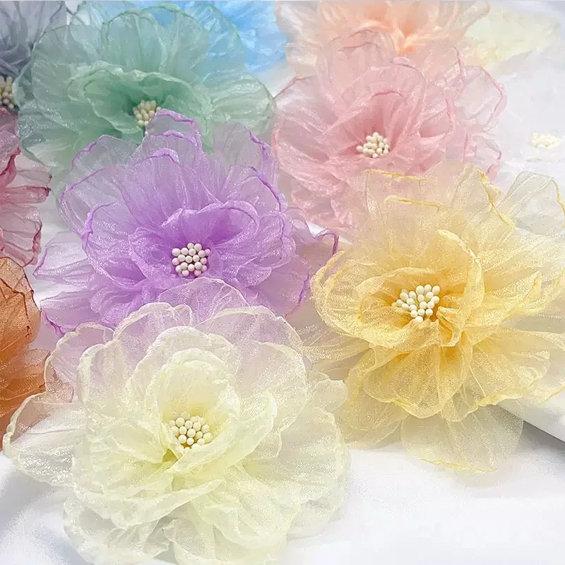 Fleurs en satin et organza de 9 cm pour accessoires de coiffure DIY, fleurs en tissu, fleurs en mousseline, accessoires pour cheveux sans pinces, nœuds, lot de 5 pièces