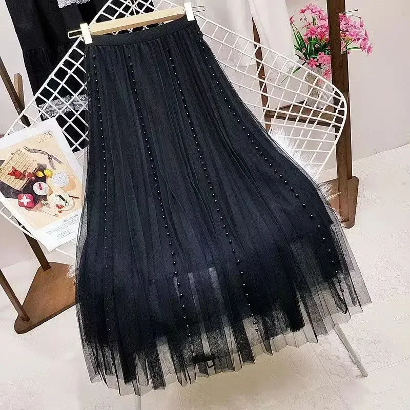 Jupes en tulle plissées à perles pour femmes, nouvelle mode coréenne 2026, vêtements décontractés, faldas, taille haute, mi-longueur, noir, rose, jupe kawaii