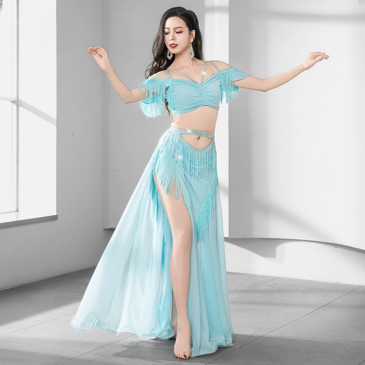 Costume de brevdu Ventre pour Femme, Tenue de Groupe, Jupe Longue, Entraînement, Everhing, Franges, Wraps, Shimmy, Écharpe Triangulaire