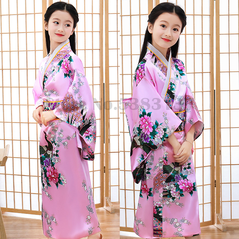 Kimono japonais en Satin pour filles, nouveauté de luxe, Robe Yukata imprimée avec Obi, Costume de spectacle pour enfants, vêtements traditionnels asiatiques