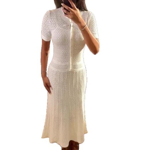 Robes pour femmes 2025 printemps été nouvelle couleur unie col rond manches courtes tricoté décontracté Simple demi bouton conception longue robe