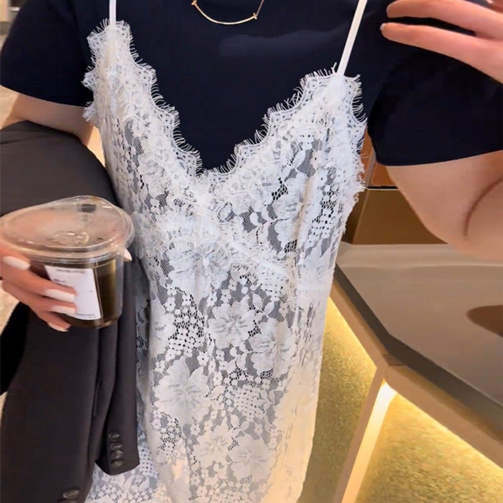 Élégante tenue de plage : Ensemble jupe et caraco en dentelle, style décontracté d'été, avec bordure en dentelle, col en V doux, haut sans manches pour femmes/filles