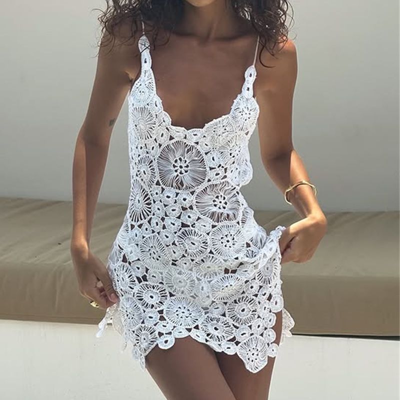 Combhasaki femmes été Boho tricoté Crochet licou cou maillot de bain couvertures col en v évider ourlet irrégulier courte Mini robe de plage