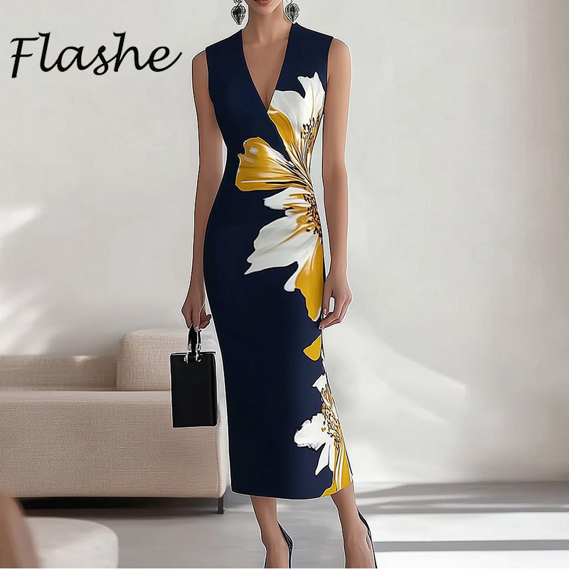 Robe longue élégante sans manches pour femmes, col en V, moulante, Sexy, marine, robe de soirée, bureau, vacances
