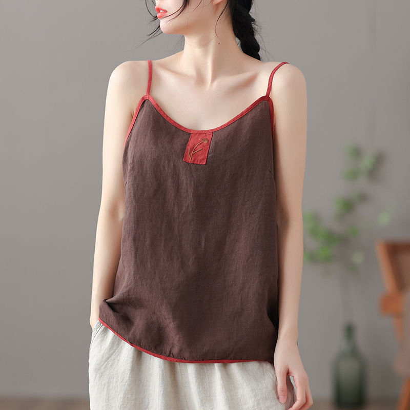 Débardeur en coton et lin pour femmes, camisole vintage chic Harajuku, sacoche brodée