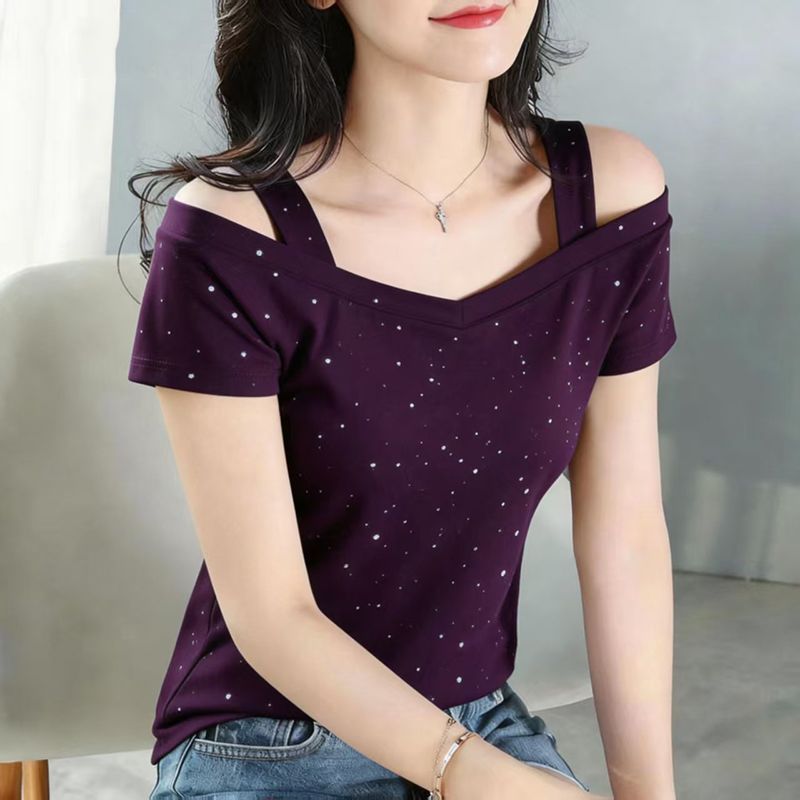 T-shirts décontractés à épaules dénudées et découpes pour femmes, grande taille, manches courtes, couleur unie, style vintage, tendance mode, nouveauté été