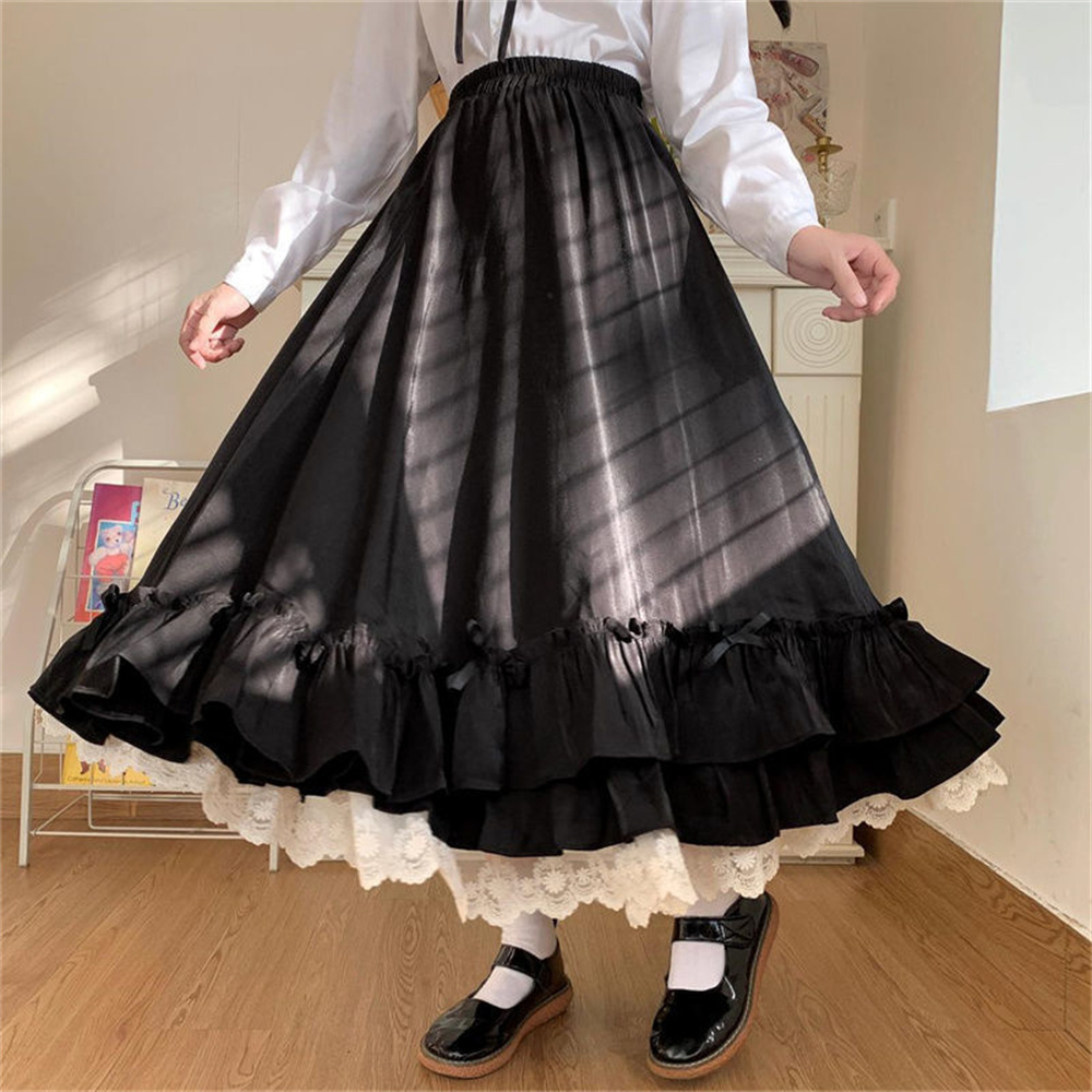 Style coréen noir blanc demi-jupe femme jupes longues japonais couleur unie Double couche Vintage français à volants a-ligne jupe