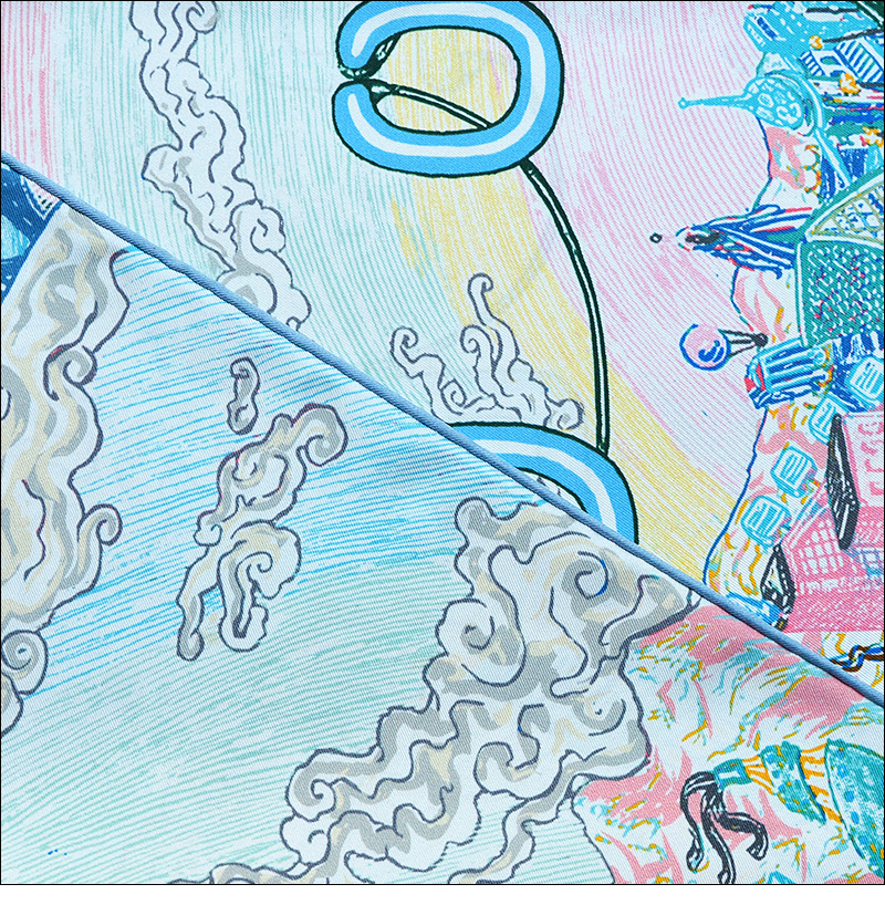 Écharpe de mode estivale en soie 90, carrée, en twill, procédé de peinture par pulvérisation, bord roulé à la main "M90F269-3"
