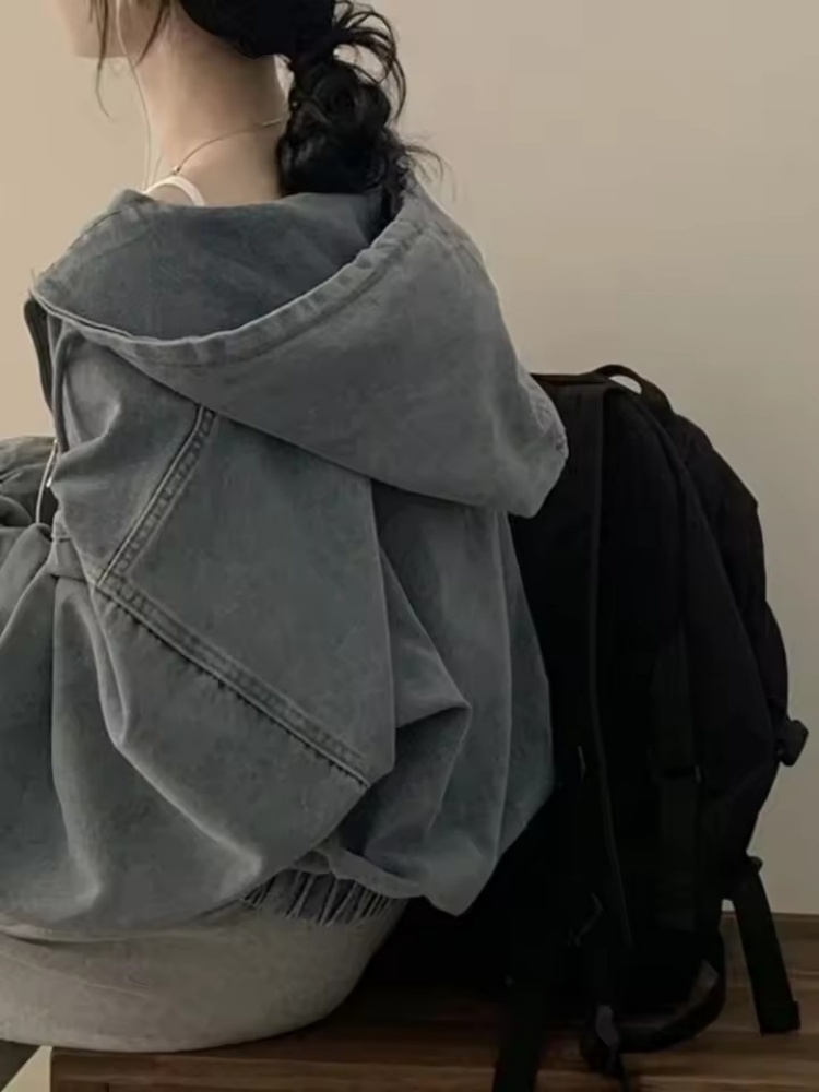 Veste courte en jean pour femmes, ample, manches longues, décontractée, mode automne, rétro, fermeture éclair, sweat à capuche, vêtements d'extérieur polyvalents