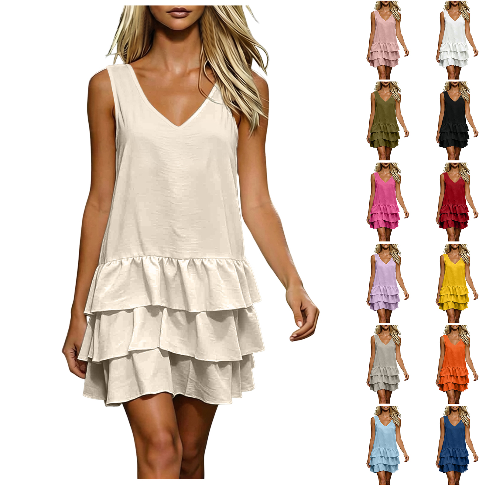 Robe d'été 2026 pour femme, élégante, couleur unie, col en V, sans manches, à volants superposés, décontractée, pour les vacances et la plage