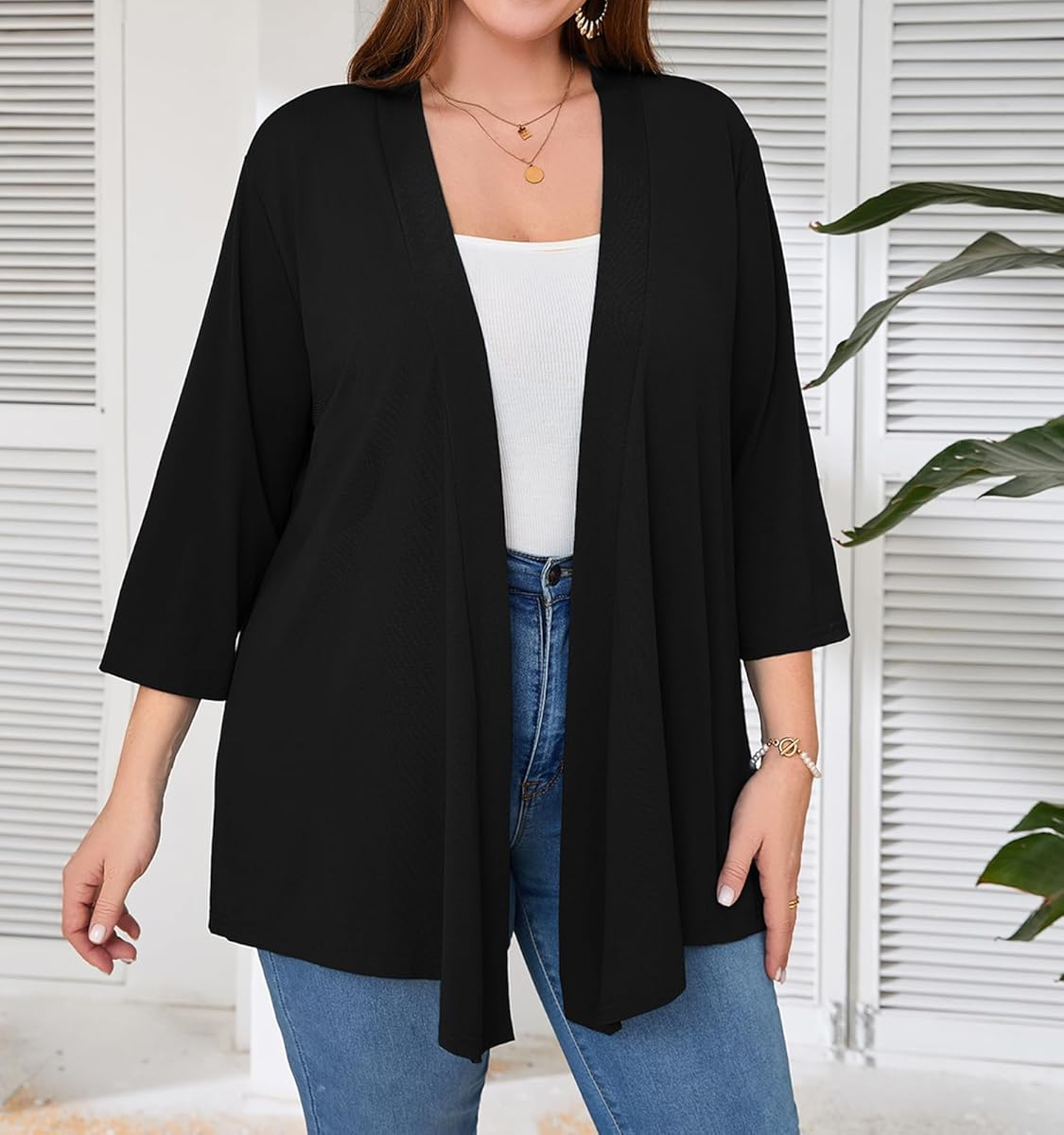 Cardigan grande taille pour femme, manches 3/4, léger et fin, haut tricoté de style châle à ouverture frontale, décontracté, doux et drapé, adapté