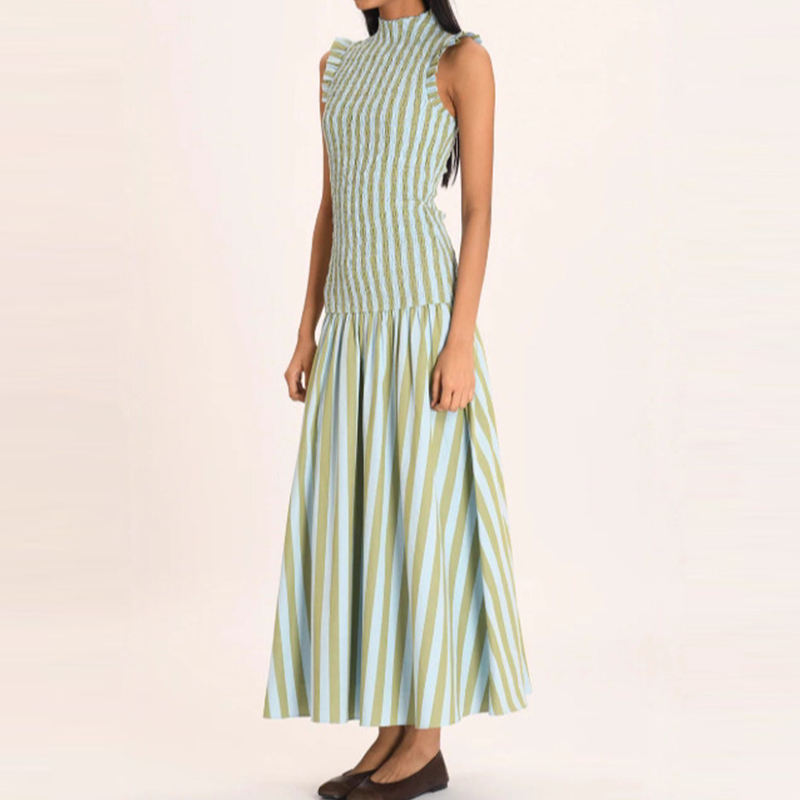Robe longue de vacances à col mi-haut, décontractée, drapée, sans manches, style bohème, élégante, taille haute, Slim, robe de soirée trapèze